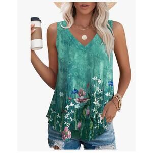Tank Top Floral Women's XL New Flowy Shirt Sleeveless Blue